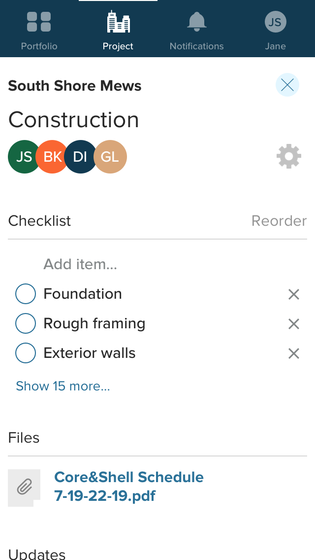 Project Manager’s view of a mobile application showing a workspace titled Construction, with a checklist and attached file.